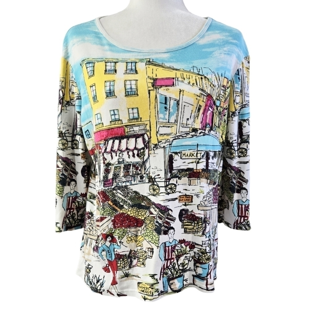 Christopher & Banks 100% Cotton Market Cityscape Art to Wear 3/4 Sleeve Top